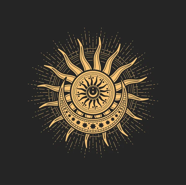 Pentagrama Oculto Esotérico Signo Tarô Mágico Com Sol Crescente Estrela — Vetor de Stock