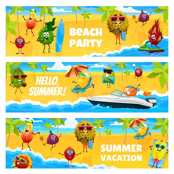 Cartoon Fruits Characters Summer Vacation Beach Party Vector Banners Durian — Stock Vector