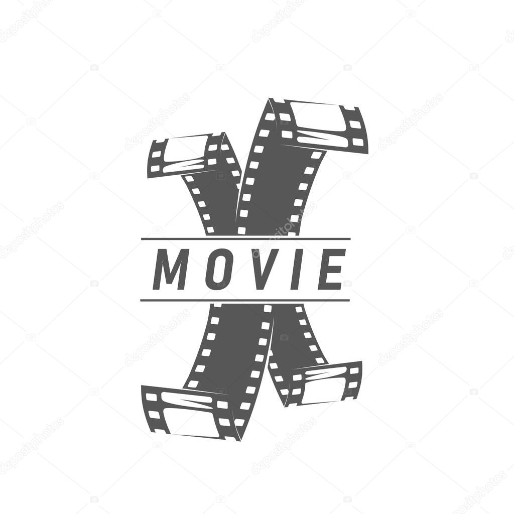 Movie theater icon. Cinematography film strips emblem. Television, video media production studio or movie industry monochrome vector emblem or symbol with old 35 mm camera film strip