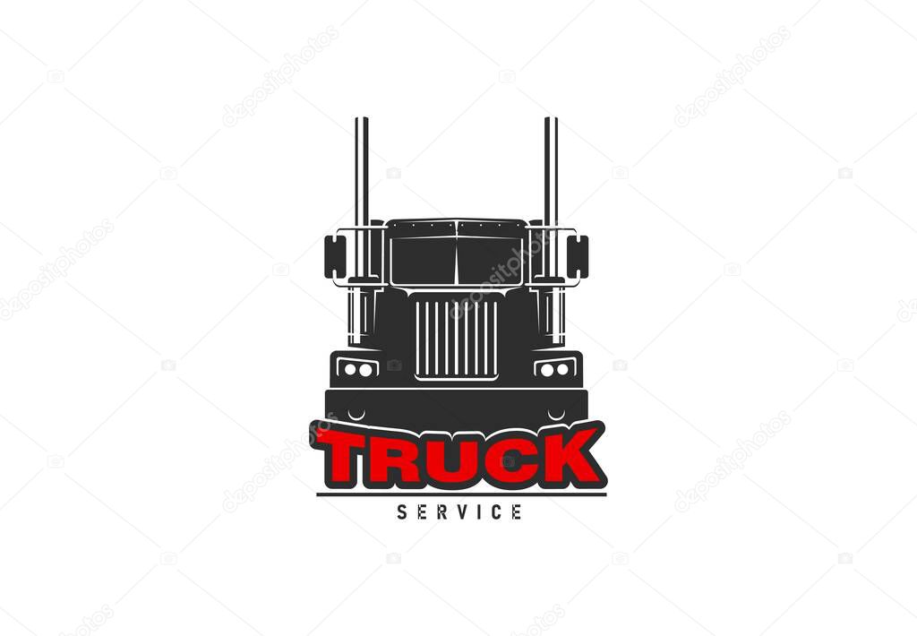 Truck service icon. Industrial transport repair garage station, cargo delivery and freight transportation service vector icon, symbol or sign with American classic semi, hauler, lorry and typography