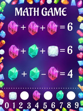 Çizgi film taşları ve kristallerle matematik oyunu çalışma tablosu, çocuklar için vektör sınavı. Matematik oyununda toplama ve çıkarma için mücevher, mücevher, mücevher değerli taşlar ve yapay elmaslar, sayma becerileri için matematik oyunu sınavı