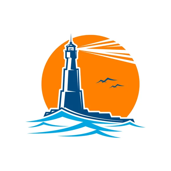 海の海岸に灯台の灯台アイコン 海の灯台や海洋の海上タワー ベクトル記号 希望と安全 海洋建築エンジニアリング会社 港又は港のアイコンの灯台の紋章 — ストックベクタ