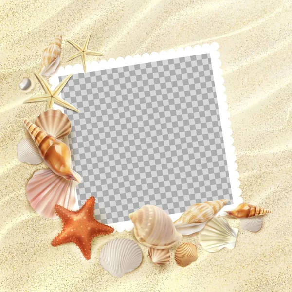 Photo Frame Summer Beach Seaside Top View Seashells Starfish Sea — Stock Vector