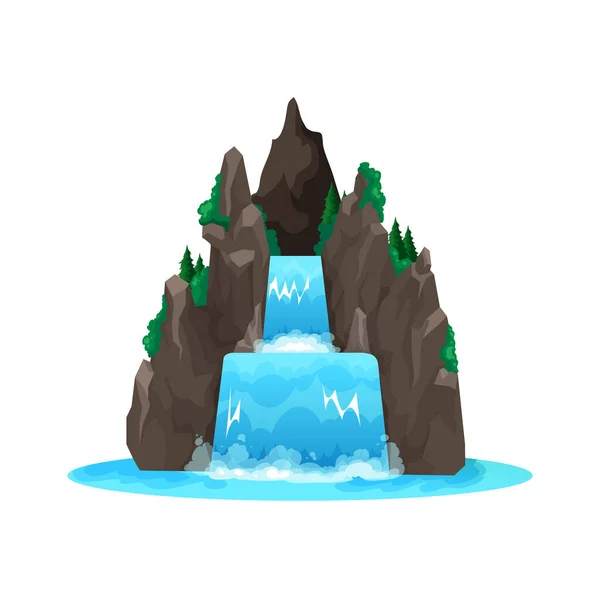 卡通瀑布或瀑布瀑布 山水山水的自然景观 与世隔绝的病媒 热带岛屿岩石或丛林森林湖上的瀑布瀑布瀑布 落水飞溅入洞穴 — 图库矢量图片