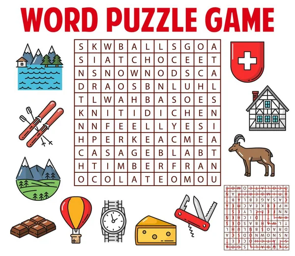 Zwitserland Zwitserse Voorwerpen Woord Zoeken Puzzel Spel Werkblad Kinderquiz Met — Stockvector