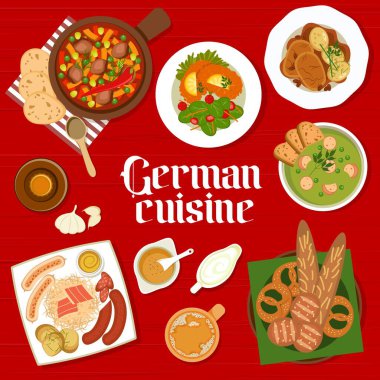 Alman mutfağı menüsü, akşam yemeği ve öğle yemeği ya da restoran posteri, vektör. Alman mutfağı menüsünde şnitzel, lahana turşusu ve simit ekmeği, domuz birası çorbası ve schmorbraten pot var.