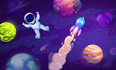 Roket fırlatma, dış uzayda çizgi film astronotu ve yıldızlı galaksi vektör manzarası. Uzaylı evreninin fantezi kayalık gezegenleri, yıldızlar ve düşen kuyruklu yıldızlar, fütürist uzay gemisi ve miğferli uzay adamı.
