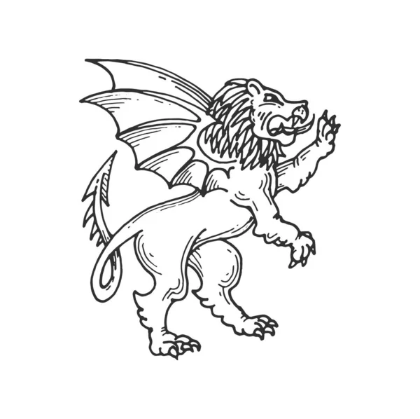 Gevleugelde Leeuw Middeleeuwse Heraldische Dierlijke Schets Vector Koninklijke Heraldiek Wapen — Stockvector