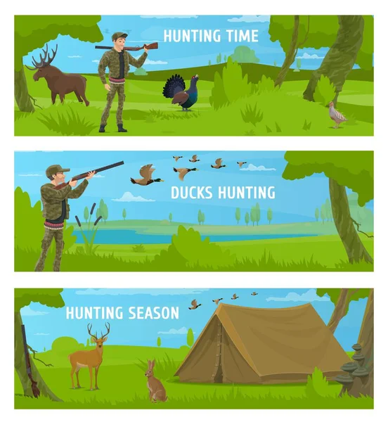 打猎运动和动物 猎鸭和猎鹿 枪炮和步枪 绿色森林草地上的病媒猎营帐篷 携带武器的卡通猎人 兔子或野兔 鹌鹑和石斑鸟 — 图库矢量图片