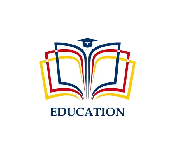 教育の本のアイコン 学生の帽子と図書館の辞書や教科書 ベクトルラインシンボル 開いているページ上の学生卒業キャップと書店のブックアプリのための大学や大学教育図書館のアイコン — ストックベクタ