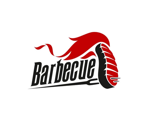 Bbq烧烤图标与牛排 叉子和燃烧的火焰 餐馆服务 烹调活动标签或烧烤肉品屠宰用的分离向量黑色和红色标志或徽章 — 图库矢量图片