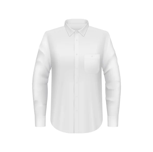 白い男性のシャツのモックアップ 長い袖のフロントビューを持つ3次元ベクトル男性の正式なドレス ディテール 生地の質感 ボタン 胸ポケット 襟と袖口が付いている独立したベクトル仕立てのフィットモックアップ — ストックベクタ