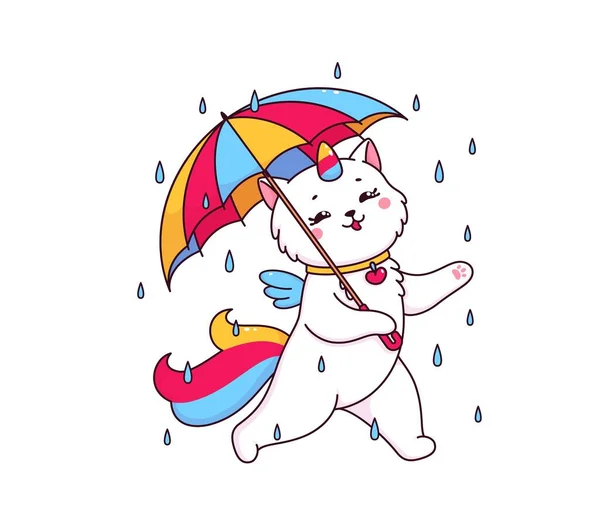 雨の中を歩く虹の傘と漫画のかわいい猫のキャラクター ユニコーンの猫 かわいい猫やユニコーンホーンと虹の尾を持つ漫画の魔法の動物の生き物のベクトルパーソナージュ — ストックベクタ