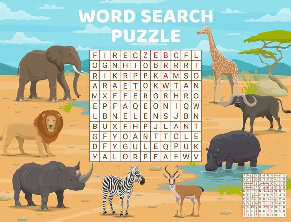 Szukaj Słowa Gra Logiczna Kreskówkowe Afrykańskie Zwierzęta Sawannowe Wektorowy Arkusz — Wektor stockowy