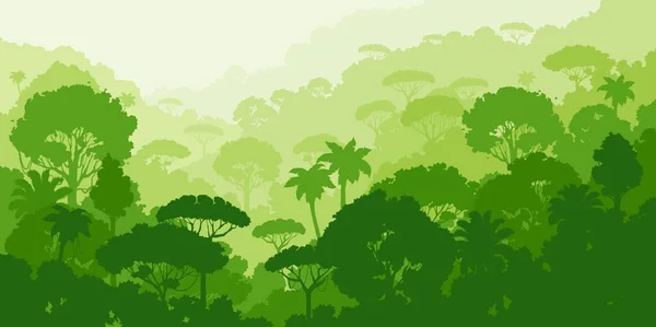 Силуэт Джунглей Тропический Векторный Пейзаж Экзотической Флорой Пальмами Холмами Растения — стоковый вектор