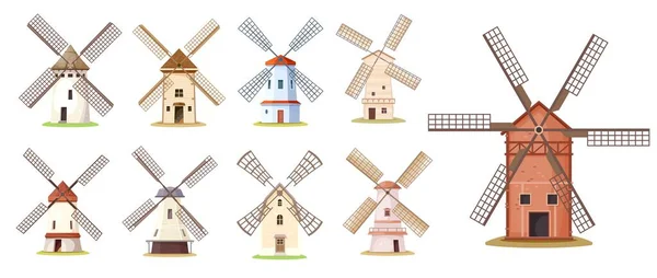 Cartoon Wind Mill Buildings Windmill Farm Isolated Vector Wooden Stone — Stock Vector