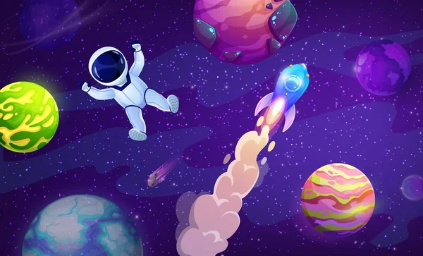 Lançamento Foguetes Astronauta Dos Desenhos Animados Espaço Exterior Paisagem Vetorial —  Vetores de Stock