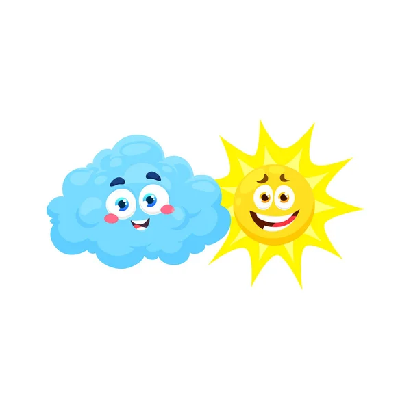 卡通云和阳天气人物 有可爱的笑脸的矢量人物 蓝色蓬松的微笑云彩和黄色的太阳带着快乐的表情 晴天和阴天的天气预报 — 图库矢量图片