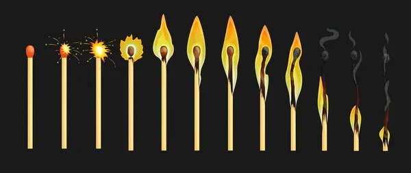 Сжигание Спичек Анимация Этапы Зажигания Спичек Совершенно Нового Полного Сгорания — стоковый вектор
