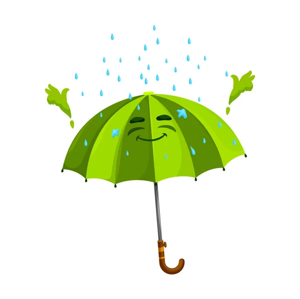 漫画の緑の縞模様の傘の文字 落下雨滴を楽しむ肯定的な感情を滲ませる笑顔でかわいいベクトルパラソル 気候予測 雨の感情のための隔離された性格 — ストックベクタ