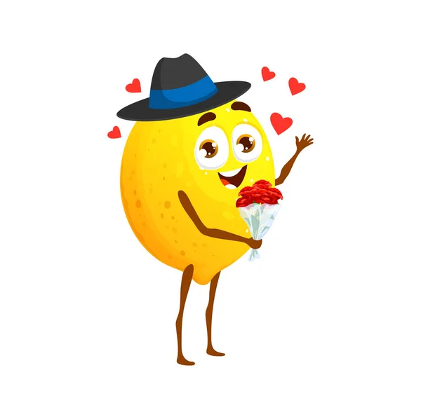 卡通人物拿着一束玫瑰花束 花束被心环抱着 病媒柑橘类水果能感受到快乐和爱 欢愉的人宣布爱情 情人节庆祝 — 图库矢量图片
