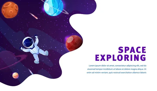 空间着陆页 卡通宇航员在外太空之间的幻想星系背景的行星网站 带着燃烧的小行星和彗星 网络技术 宇宙星空中的矢量宇航员 — 图库矢量图片