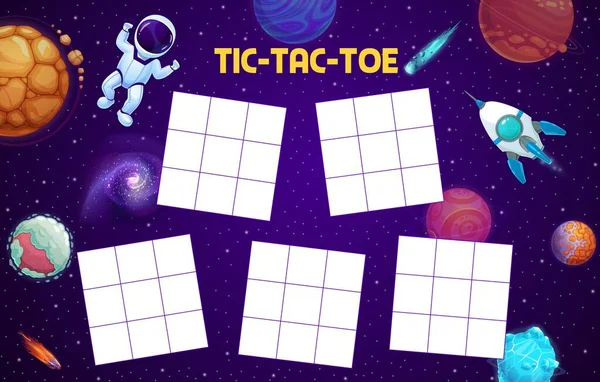 与卡通宇航员 太空行星 火箭和恒星 矢量棋盘游戏谜团或策略谜团一起制作的Tic Tac脚趾头工作表 宇宙星系星空背景与泰克脚趾游戏网格模板 — 图库矢量图片