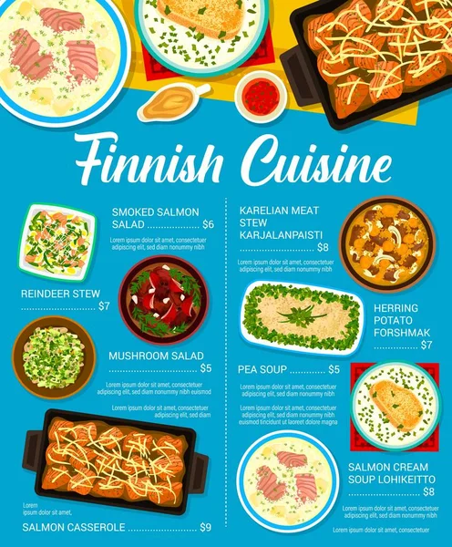 Fin Mutfağı Menü Sayfası Lohikeitto Çorbası Ren Geyiği Güveci Karelian — Stok Vektör
