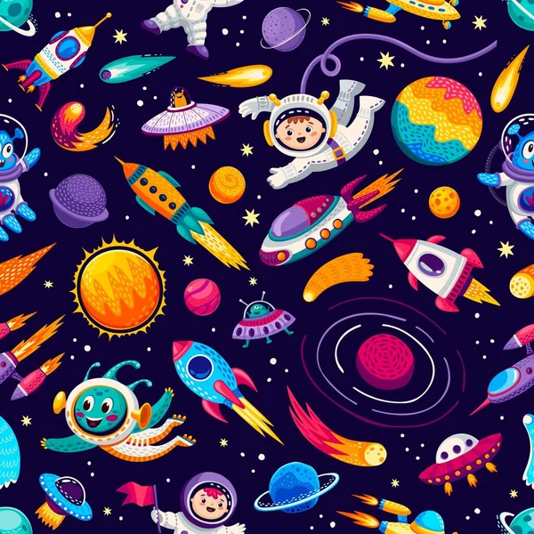 Cartoon Kids Space Galaxy Seamless Pattern Vector Cosmic Repeated Background — Stock Vector