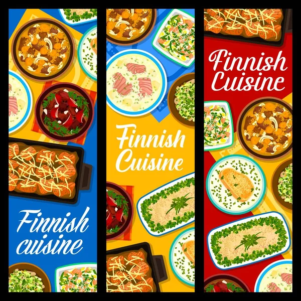 Restaurante Finlandés Comidas Banderas Vectoriales Sopa Crema Lohikeitto Ensalada Champiñones — Vector de stock