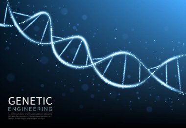 Parıldayan DNA sarmalları, hücre veya molekül genleri biyoteknoloji, biyoloji ve genetik tıp biliminin soyut vektör arka planı. Mavi neon ışık parçacıkları ile DNA sarmalı kromozom sarmalı