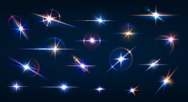 Sparkle flare and flash effects, glow lights. Vector set of shining stars or lens with rays. Warm and cold glowing twinkles at night sky or space. Flickering objects with beams and glint, glare clipart