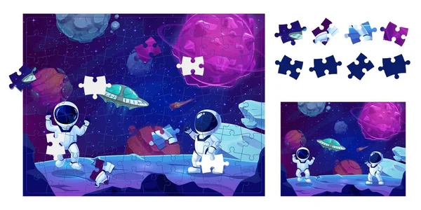 Les Astronautes Bande Dessinée Sur Planète Spatiale Bleue Puzzle Pièces — Image vectorielle