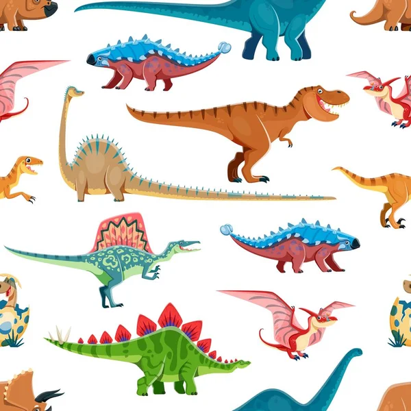 漫画恐竜漫画のキャラクターシームレスなパターン 生地の背景 トリケラトプス ブロントサウルス アンキロサウルスとティラノサウルス ペテロダクチル スピノサウルスのかわいい恐竜とテキスタイルベクトルプリントパターン — ストックベクタ