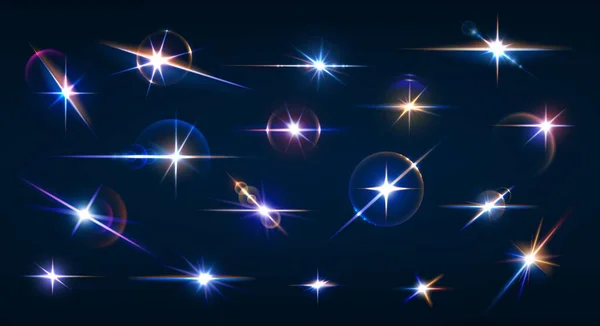 Parıltı Flaş Efektler Parlayan Işıklar Parlayan Yıldızların Vektör Kümesi Işınlı — Stok Vektör