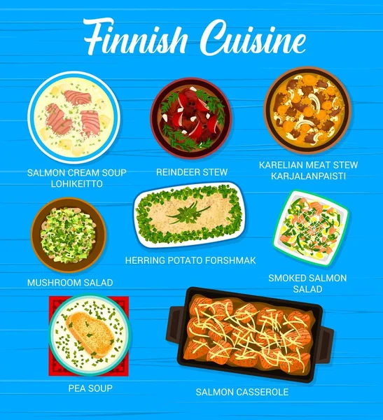 Finnische Küche Restaurant Speisekarte Lohikeitto Und Erbsensuppen Geräucherter Lachssalat Lachsauflauf — Stockvektor