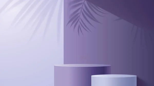 Cosméticos Podio Púrpura Sobre Fondo Pared Con Hojas Palma Sombras — Archivo Imágenes Vectoriales