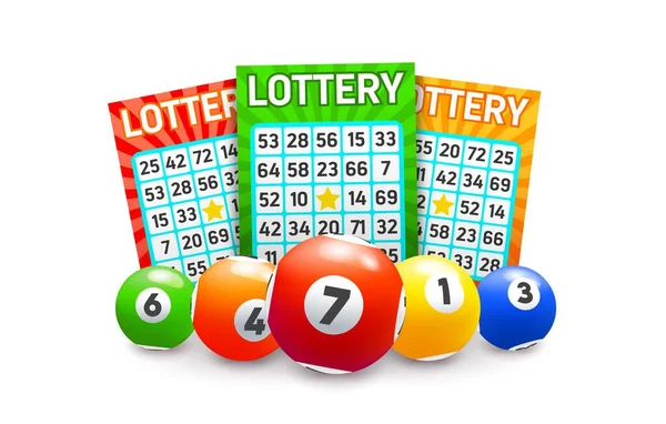 Bingo Bolas Lotería Billetes Lotería Fondo Con Números Ganancia Vector — Vector de stock