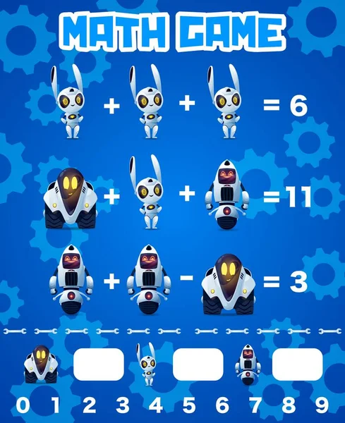 数学ゲームワークシート漫画のロボットキャラクター 子供のためのベクトル数学の謎面白い人工知能のサイボーグと教育と学習算術計算を教える — ストックベクタ