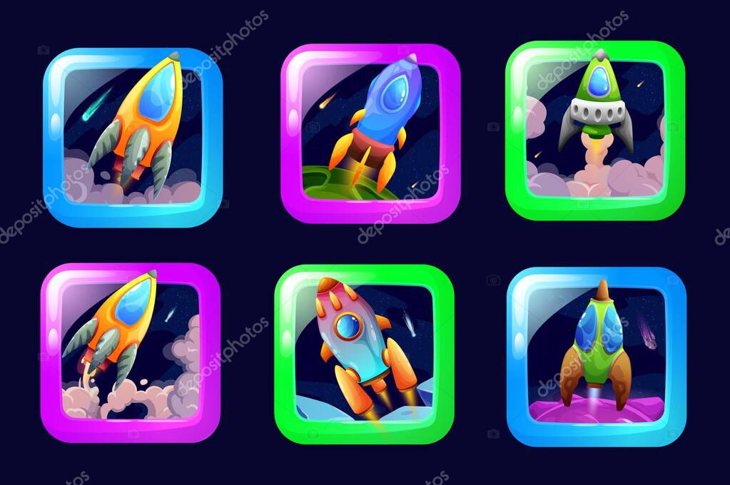 Cartoon space game app, spaceship and starcraft icons, galaxy adventure vector buttons. Space arcade game application icons for mobile app with spaceship rocket or starship in fantasy galaxy