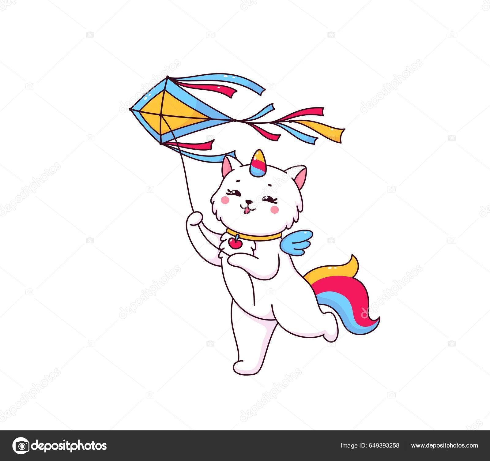 Cartoon Cute Caticorn Character Kite Happy Unicorn Cat Vector Personage