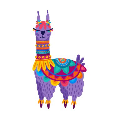 Lama alpaka çocuk oyuncağı, çiçeklerle süslenmiş hayvan. Vektör lama bebek karakteri, çizgi film karakteri. Meksika ya da Peru guanaco vahşi lama