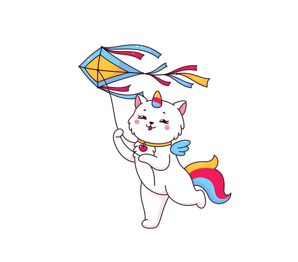 カイト 幸せなユニコーン猫ベクトルの性格を持つ漫画のかわいい猫のキャラクター 虹色のユニコーンと尾を持つ面白い白い子猫動物 カイトを飛んでかわいい猫のキャラクターの魔法の生き物 — ストックベクタ