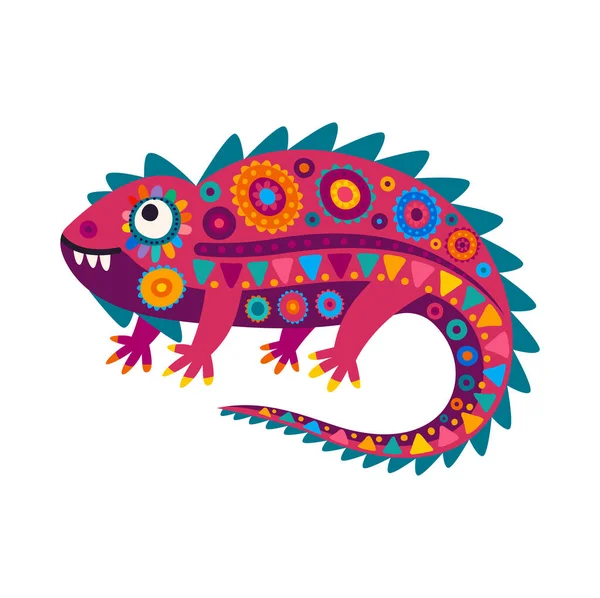 Kreslený Mexický Chameleon Izolovaný Světlý Ještěr Ozdobnou Barevnou Kůží Zakřiveným — Stockový vektor