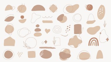 Vektör geometrik şekillerinin soyut grafik unsurları, el çizimi çiçek nesneleri, damlalar ve karalamalar, yapraklar, kalpler ve bitki dalları. Pastel bej modern grafik elementler, moda karalamalar ayarlandı