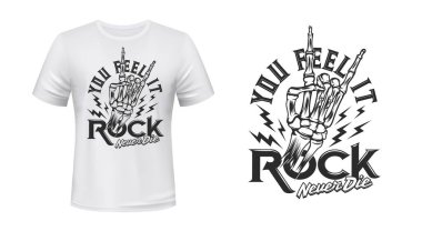 Taş asla ölmez dövme, tişört izi. Hard and heavy rock fan tasarım şablonu, rock n roll grubu canlı konseri veya müzik festivali giysi vektör amblemi veya insan iskeleti elli baskı modeli