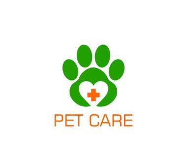 Hayvan bakımı veterinerinin köpek ya da kedi pençeli hayvan kliniği ikonu, vektör veteriner hastanesi sembolü. Kalp ve haç taşıyan hayvan bakım kliniği ikonu, veteriner sağlık merkezi ve evcil hayvan doktoru veya veteriner tıbbi yardım