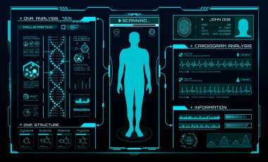 HUD medicine, body health digital technology interface, futuristic vector. HUD medical screen UI with human body hologram, scanning health data on infographics dashboard with DNA analysis diagnostics clipart