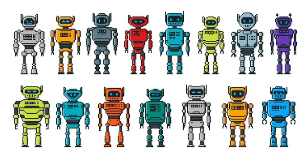 Personajes Robot Píxeles Dibujos Animados Android Cyborgs Robots Androides Robóticos — Vector de stock