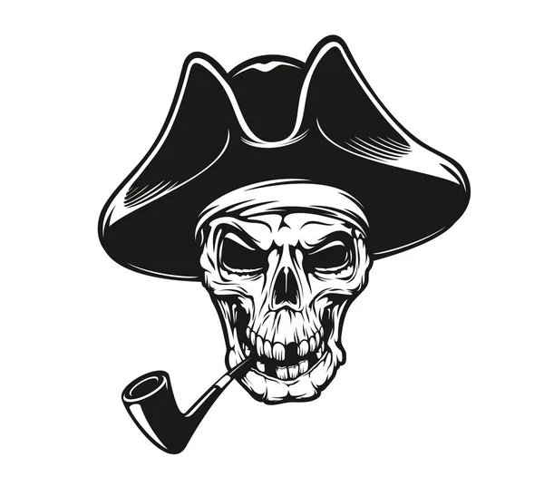 海盗船长头盖骨纹身与管道和三角帽 已死亡海盗的病媒骷髅头 加勒比海珊瑚或长毛象烟斗 用于纹身或T恤衫印刷的快乐的海盗标志 — 图库矢量图片